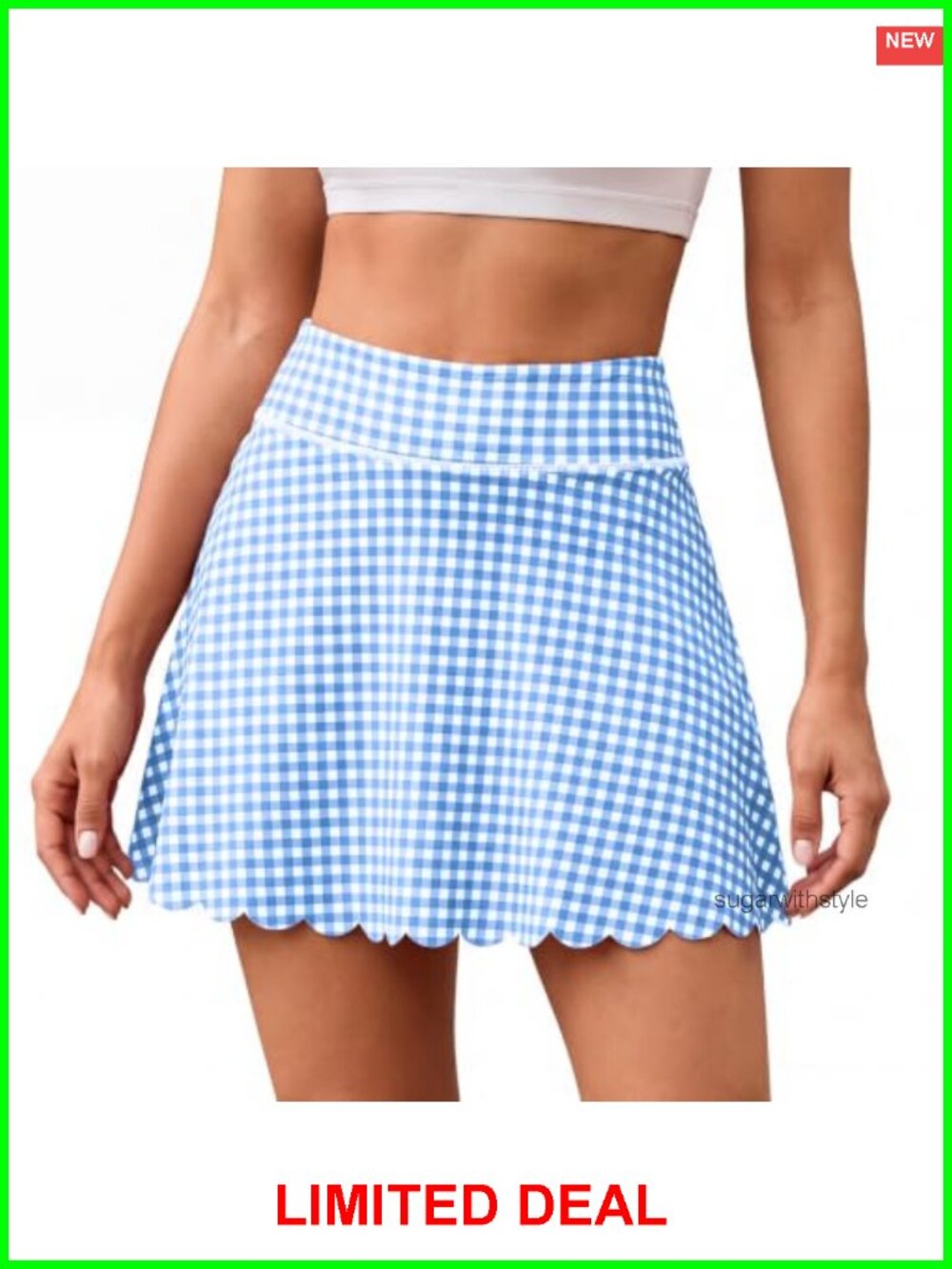 Plaid High Waist Tennis Skort Scallop Hem with Pocket